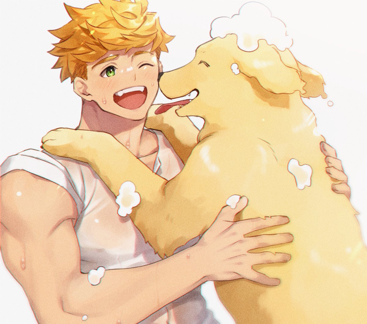 1boy animal bangs blonde_hair dog granblue_fantasy green_eyes male_focus muscular muscular_male one_eye_closed open_mouth satoimo_sanda shirt smile undercut upper_body vane_(granblue_fantasy) wet wet_clothes wet_shirt white_shirt