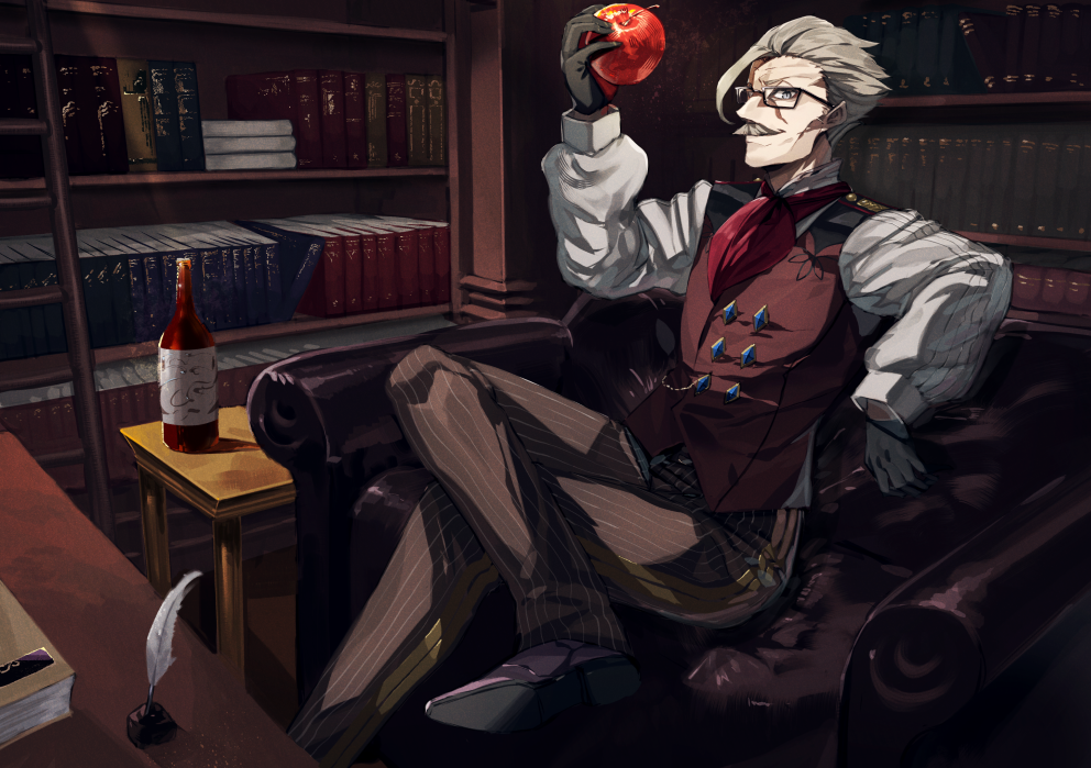 1boy blue_eyes brown_pants facial_hair fate/grand_order fate_(series) food formal fruit glasses grey_hair holding holding_food holding_fruit james_moriarty_(fate) long_sleeves looking_at_viewer male_focus mustache old old_man pants short_hair sitting solo striped striped_pants suminagashi vest