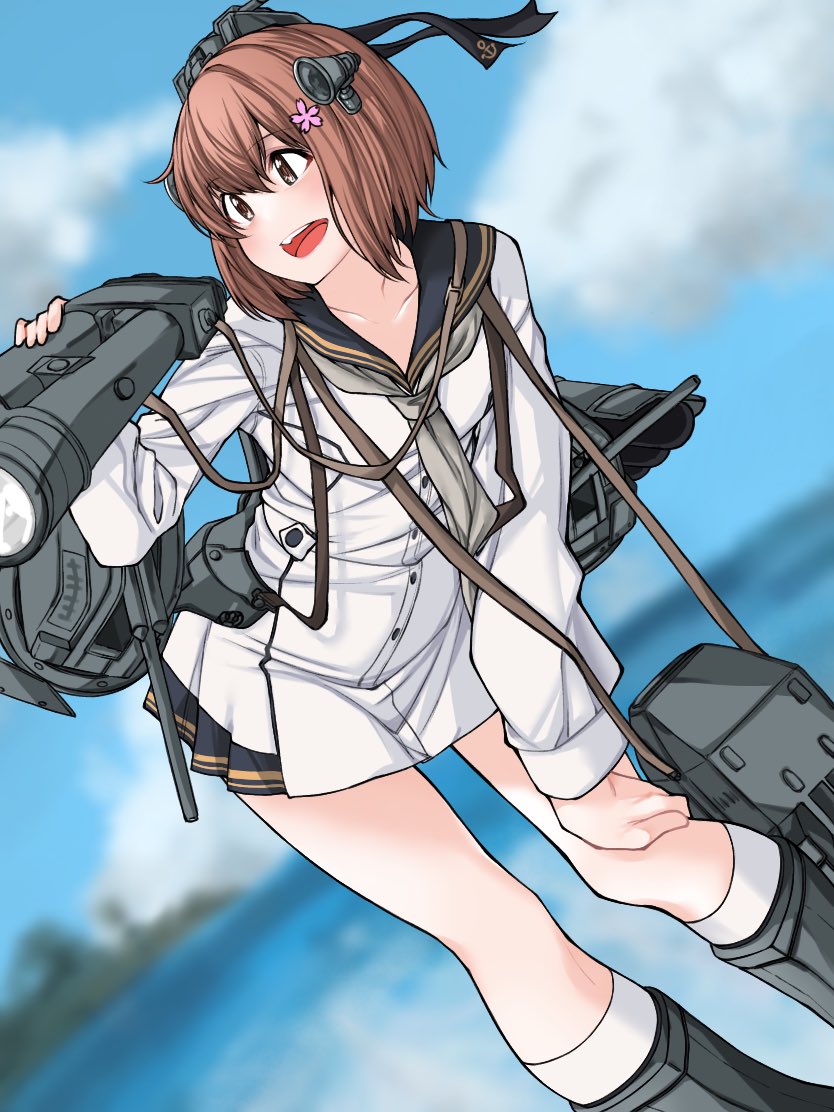 1girl anchor_symbol binoculars black_legwear black_sailor_collar blurry blurry_background brown_eyes brown_hair cherry_blossoms dobuvochan dress dutch_angle feet_out_of_frame flower grey_neckerchief hair_flower hair_ornament headgear kantai_collection kneehighs machinery neckerchief open_mouth round_teeth sailor_collar sailor_dress short_hair smile solo speaking_tube_headset teeth upper_teeth yukikaze_(kancolle) yukikaze_kai_ni_(kancolle)