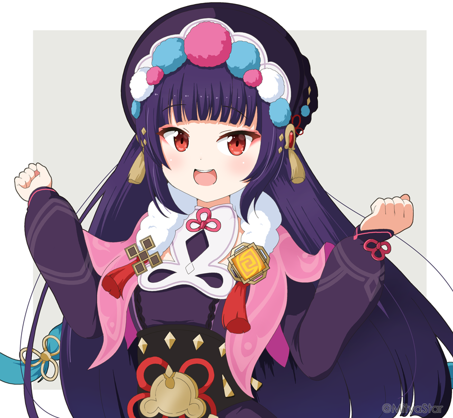1girl :d bangs black_headwear commentary_request dress eyebrows_visible_through_hair genshin_impact grey_background hands_up hat long_hair long_sleeves looking_at_viewer mitya puffy_long_sleeves puffy_sleeves purple_dress purple_hair red_eyes sleeves_past_wrists smile solo teeth twitter_username two-tone_background upper_body upper_teeth very_long_hair white_background yun_jin_(genshin_impact)