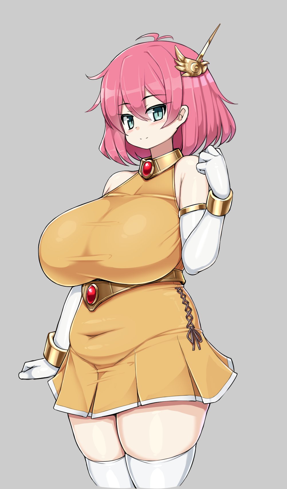 1girl blush breasts closed_mouth covered_navel detached_sleeves elbow_gloves final_fantasy final_fantasy_v gloves hair_between_eyes hair_ornament highres jewelry large_breasts lenna_charlotte_tycoon looking_at_viewer pink_hair plump sawati short_hair simple_background skirt smile solo thick_thighs thigh-highs thighs