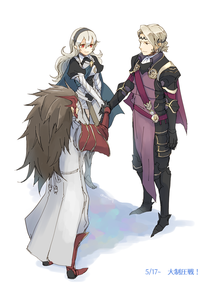 1girl 2boys armor armored_boots armored_leotard bangs black_footwear black_gloves black_hairband black_pants boots brown_hair circlet closed_mouth corrin_(fire_emblem) corrin_(fire_emblem)_(female) curly_hair faulds fire_emblem fire_emblem_fates gloves grey_hair hair_between_eyes hairband hand_on_hand headpiece long_hair multiple_boys pants red_eyes red_footwear robaco ryoma_(fire_emblem) shiny shiny_hair short_hair shoulder_armor simple_background sketch smile spiky_hair standing twitter_username white_background white_pants xander_(fire_emblem)