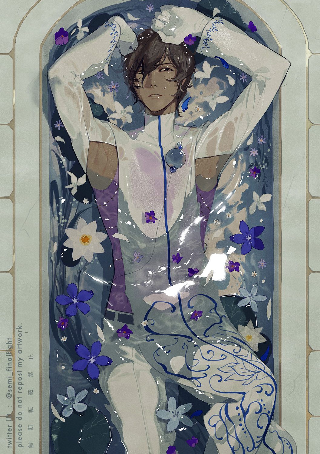 1boy arjuna_(fate) armpits arms_up bangs bathtub bishounen black_eyes black_hair blue_flower commentary_request dark-skinned_male dark_skin expressionless fate/extella fate/extella_link fate/extra fate/grand_order fate_(series) feet_out_of_frame flower gloves hair_between_eyes highres indian_clothes long_sleeves looking_at_viewer lying lying_on_water male_focus pants purple_flower semi_(p-poco) short_hair solo twitter_username water wet wet_clothes white_flower white_gloves white_pants