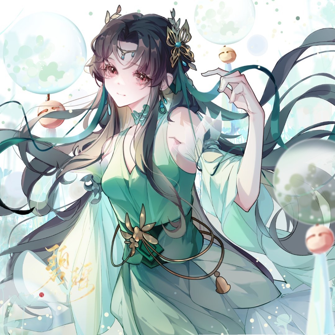 1girl baiguio_(zhu_xian) balloon bi_yao_zhuye brown_hair chinese_clothes dress earrings green_dress hair_ornament jewelry long_hair sash smile solo tassel upper_body zhu_xian