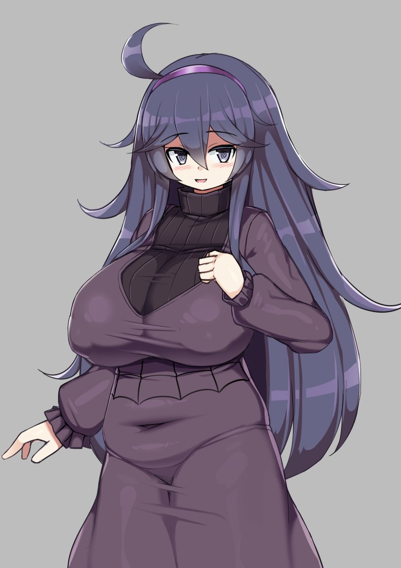 1girl @_@ ahoge alternate_breast_size bangs black_hair blue_eyes blush breast_hold breasts covered_navel covered_nipples curvy dress eyebrows_visible_through_hair female grey_background hair_between_eyes hairband hex_maniac_(pokemon) huge_ahoge huge_breasts large_breasts long_hair looking_at_viewer messy_hair open_mouth plump pokemon pokemon_(game) pokemon_xy purple_hair purple_hairband sawati sidelocks simple_background solo sweater tight tight_dress turtleneck turtleneck_sweater