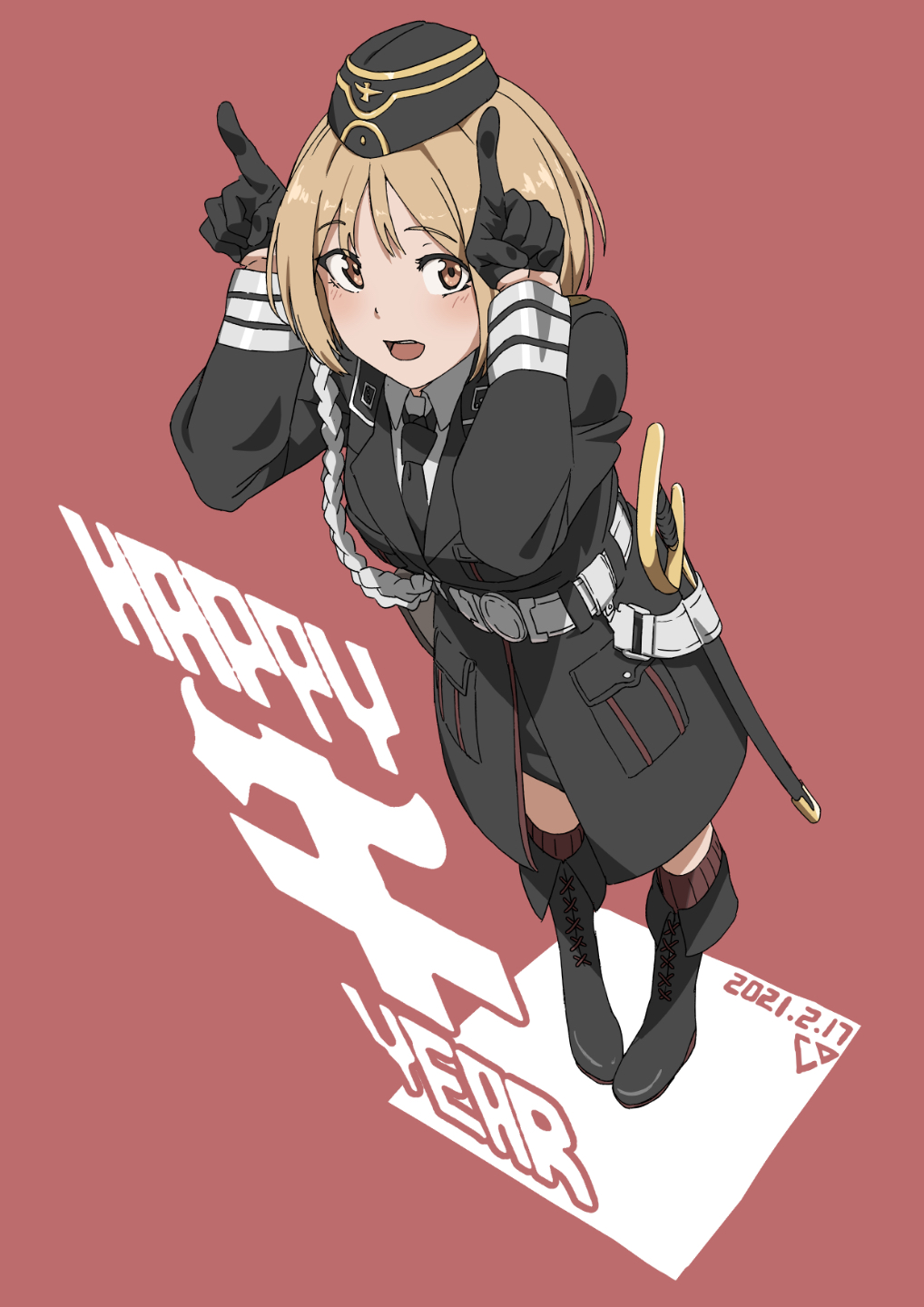 1girl bangs black_footwear black_gloves black_headwear black_jacket black_necktie blonde_hair blush boots brown_eyes chinese_zodiac dated eyebrows_visible_through_hair full_body girls_frontline gloves happy_new_year hat highres jacket looking_at_viewer military military_hat military_uniform mp40_(girls'_frontline) necktie new_year open_mouth pink_background saber_(weapon) shirt short_hair socks solo standing sword triangle_bullet uniform weapon white_shirt year_of_the_ox