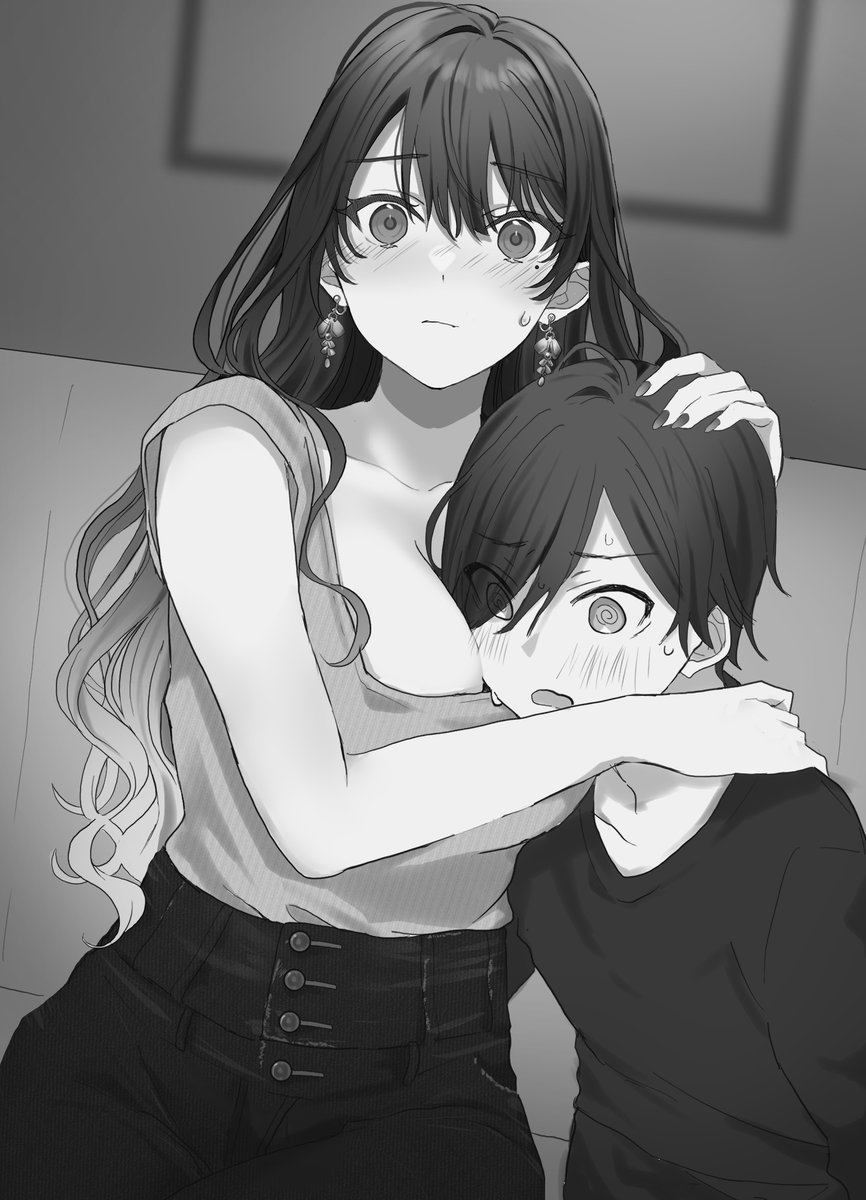 1boy 1girl @_@ age_difference bangs blouse breasts cleavage_cutout closed_mouth clothing_cutout commentary_request couch dutch_angle earrings embarrassed eyebrows_visible_through_hair flustered greyscale hair_between_eyes hair_over_one_eye hand_in_another's_hair hand_on_another's_shoulder highres indoors jewelry long_hair looking_at_viewer monochrome onee-shota open_mouth original seat shirt short_sleeves sitting tokiwa_yosyo