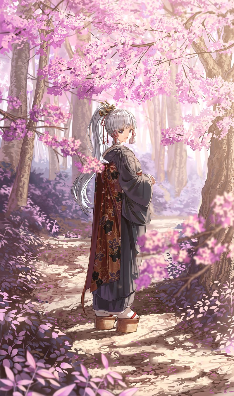 1girl :d alternate_costume bangs black_kimono blue_eyes blunt_bangs cherry_blossoms forest full_body genshin_impact hair_ornament hair_ribbon highres japanese_clothes kamisato_ayaka kimono light_blue_hair looking_at_viewer looking_back nature obi okobo outdoors own_hands_together plant ponytail red_ribbon ribbon sash silence_girl smile solo tree tress_ribbon white_legwear wide_sleeves