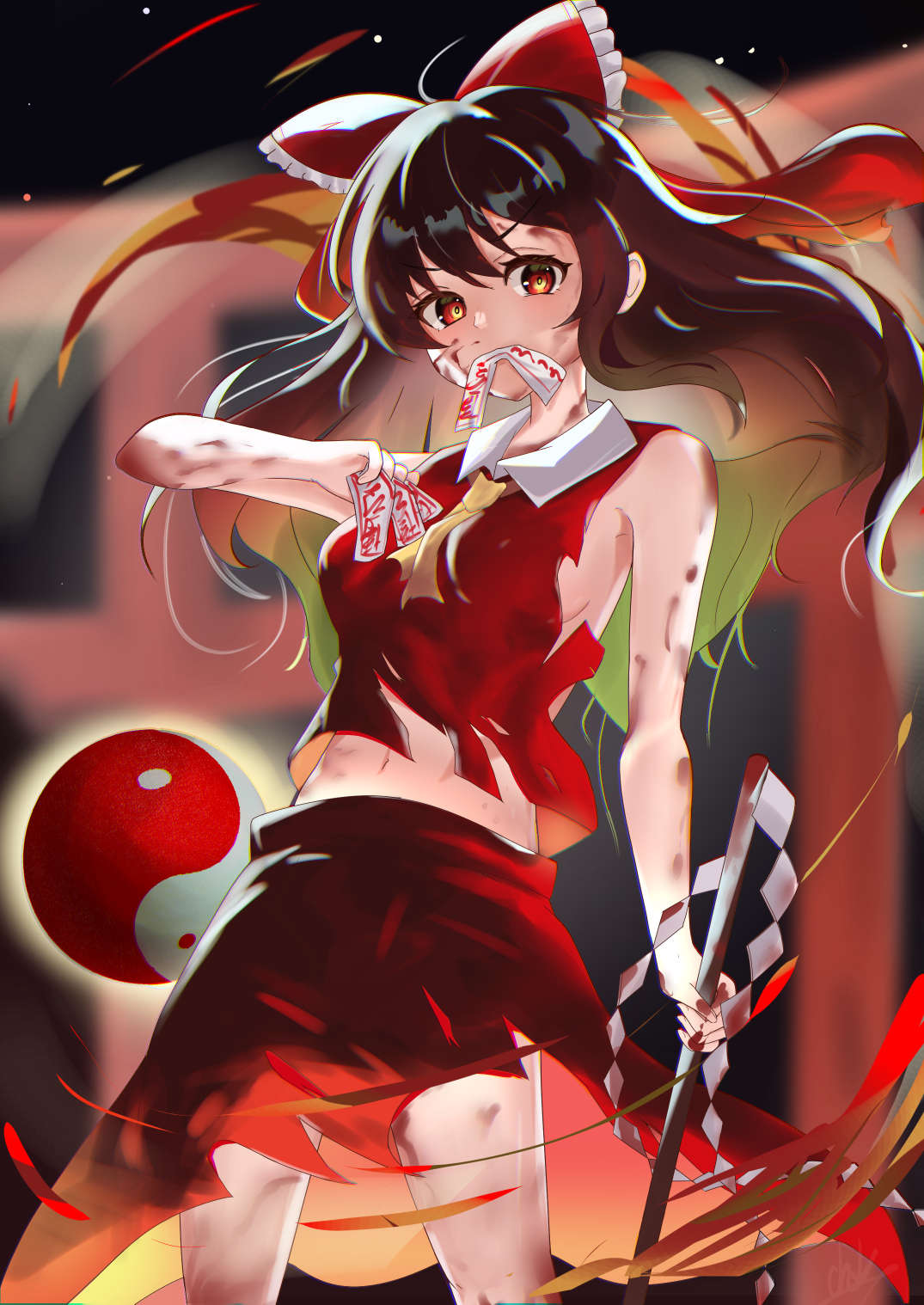 1girl bangs bow brown_eyes brown_hair chirihouki collared_vest commentary_request cowboy_shot frilled_bow frills gohei hair_bow hakurei_reimu highres holding long_hair midriff mouth_hold navel no_bra ofuda orb outdoors red_skirt red_vest skirt skirt_set sleeveless solo stomach torii torn_clothes torn_vest touhou very_long_hair vest yin_yang yin_yang_orb