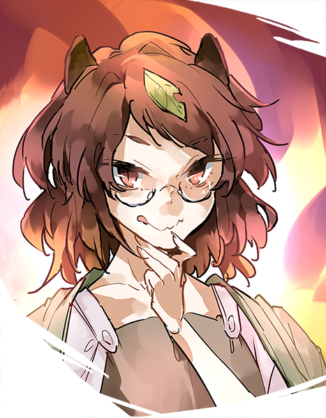 1girl animal_ears bangs brown_eyes brown_hair closed_mouth futatsuiwa_mamizou glasses leaf leaf_on_head looking_at_viewer raccoon_ears raccoon_girl raccoon_tail short_hair short_sleeves smile solo tail tongue tongue_out touhou yurutintin