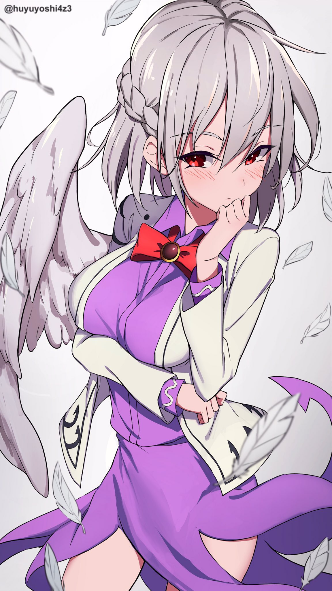 1girl arm_under_breasts bird_wings bow bowtie braid breasts closed_mouth collared_shirt commentary_request cowboy_shot eyebrows_visible_through_hair feathered_wings feathers french_braid grey_feathers grey_hair grey_jacket grey_wings hand_on_own_chin highres jacket kishin_sagume large_breasts long_sleeves purple_shirt purple_skirt red_bow red_bowtie red_eyes shirt short_hair single_wing skirt solo thighs touhou wings yoshinatsu