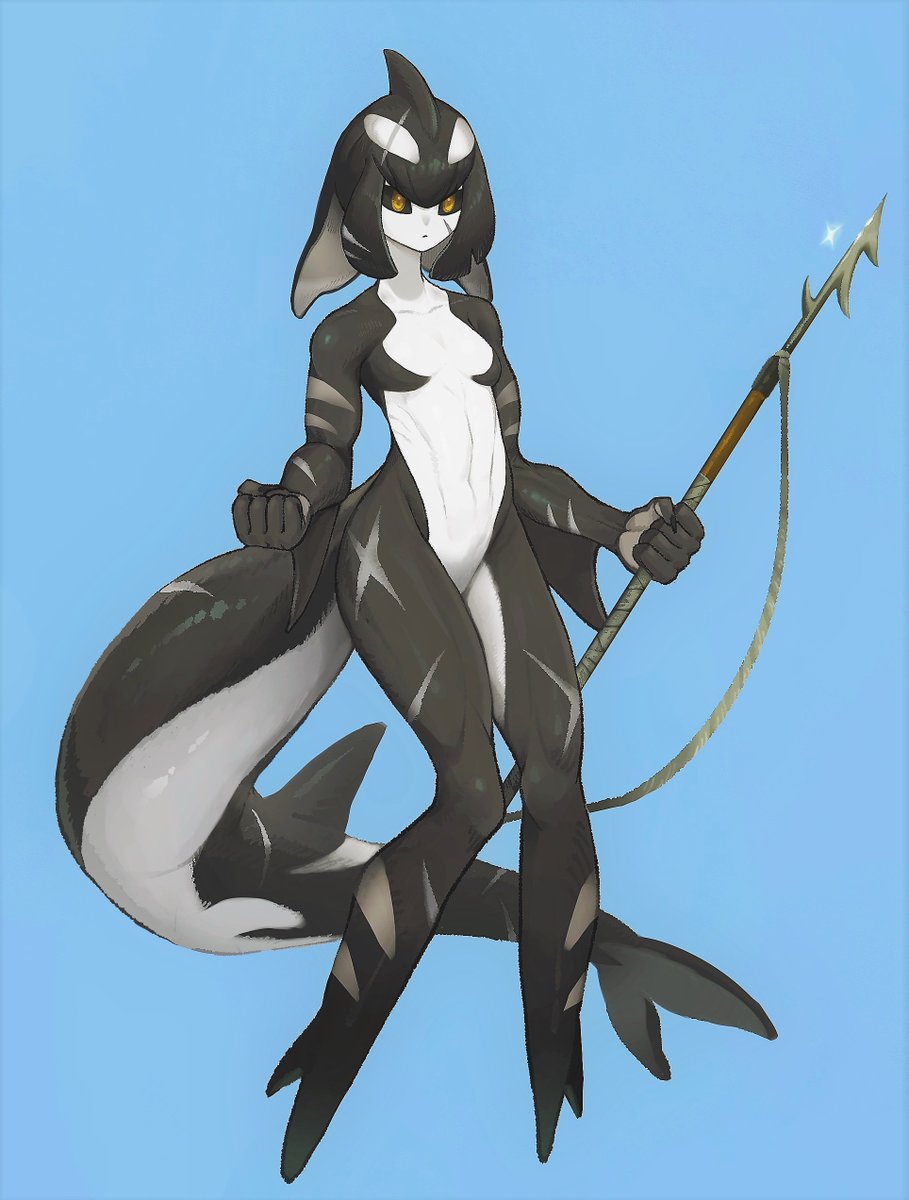 1girl black_hair black_nails black_sclera black_skin blue_background cetacean_tail clenched_hands colored_inner_hair colored_sclera colored_skin completely_nude daon_(kenta111881) dorsal_fin fingernails full_body harpoon head_fins highres holding holding_weapon looking_away monster_girl multicolored_hair no_feet nude orca_girl original scar scar_on_arm scar_on_cheek scar_on_face scar_on_leg scar_on_tail sharp_fingernails solo tail two-tone_hair weapon white_hair white_skin yellow_eyes