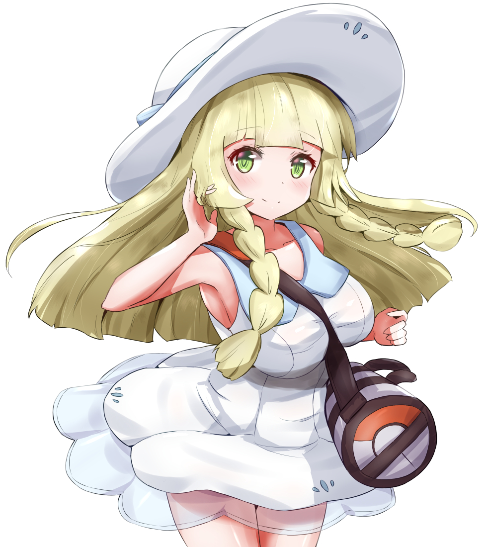 1girl alternate_breast_size bangs blonde_hair blue_ribbon blunt_bangs braid breasts collared_dress dress green_eyes hat hat_ribbon large_breasts lillie_(pokemon) long_hair misahiro pokemon pokemon_(game) pokemon_masters_ex ribbon sleeveless sleeveless_dress solo sun_hat sundress twin_braids white_dress white_headwear