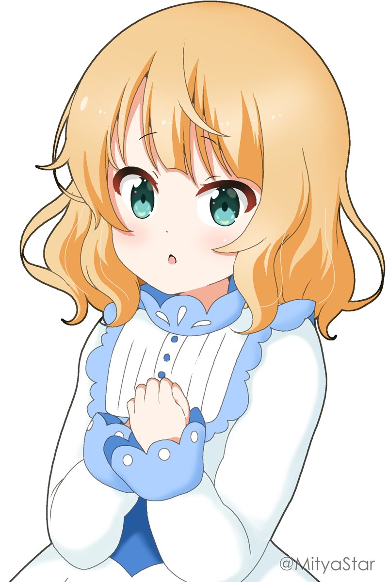 1girl :o bangs blonde_hair blush commentary_request cosplay dress eyebrows_visible_through_hair gochuumon_wa_usagi_desu_ka? green_eyes hands_up highres kirima_syaro lillie_(pokemon) lillie_(pokemon)_(cosplay) long_sleeves mitya own_hands_together parted_lips pokemon pokemon_(game) pokemon_sm puffy_long_sleeves puffy_sleeves simple_background solo twitter_username white_background white_dress