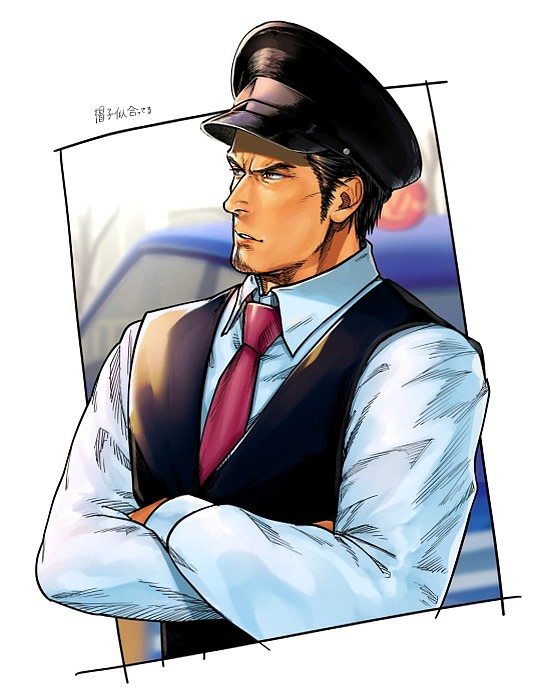 1boy black_hair black_headwear black_vest brown_eyes cabbie_hat car collared_shirt crossed_arms from_side ground_vehicle hat kiryuu_kazuma long_sleeves motor_vehicle necktie otamot outdoors red_necktie ryuu_ga_gotoku shirt short_hair solo upper_body very_short_hair vest white_shirt