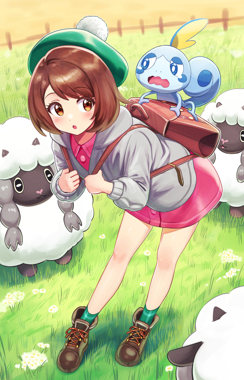 1girl backpack bag bangs brown_bag brown_eyes brown_footwear brown_hair deadnooodles dress gloria_(pokemon) green_headwear green_legwear grey_hoodie hat high_tops highres hood hood_down hoodie leaning_forward long_sleeves open_mouth pink_dress pokemon pokemon_(game) pokemon_swsh short_hair sobble socks standing wooloo