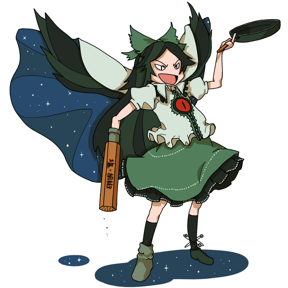 1girl :d arm_cannon bangs black_eyes black_hair black_legwear bow evil_smile frying_pan full_body green_shirt green_skirt hair_bow holding long_hair looking_at_viewer open_mouth reiuji_utsuho shirt short_sleeves simple_background skirt smile solo standing touhou uewtsol weapon white_background wings