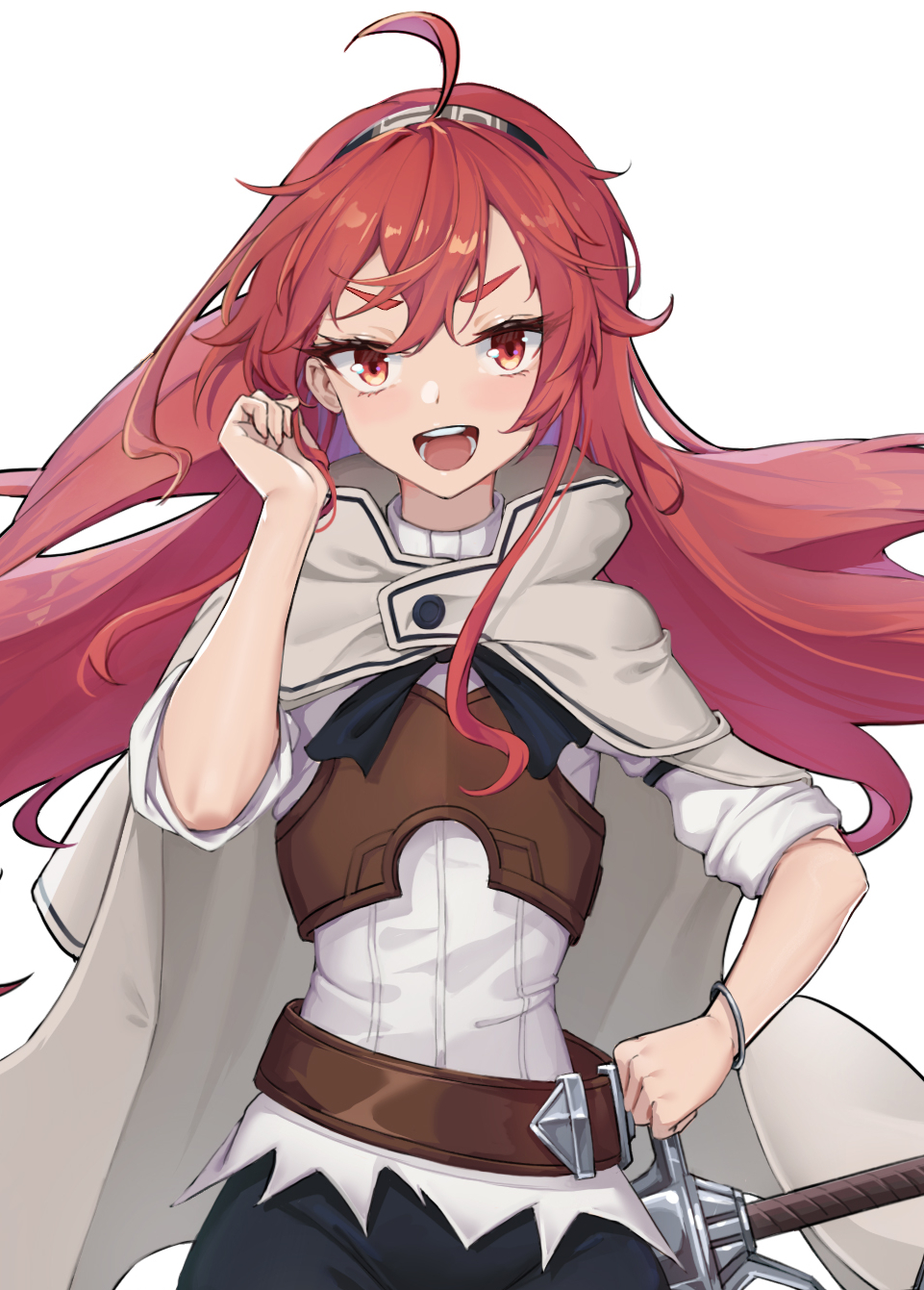 1girl ahoge cape cowboy_shot eris_greyrat grey_cape hand_in_own_hair hand_on_hip headband highres leather light_blush long_hair looking_at_viewer mushoku_tensei panana red_eyes redhead smile solo sword sword_behind_back weapon white_background