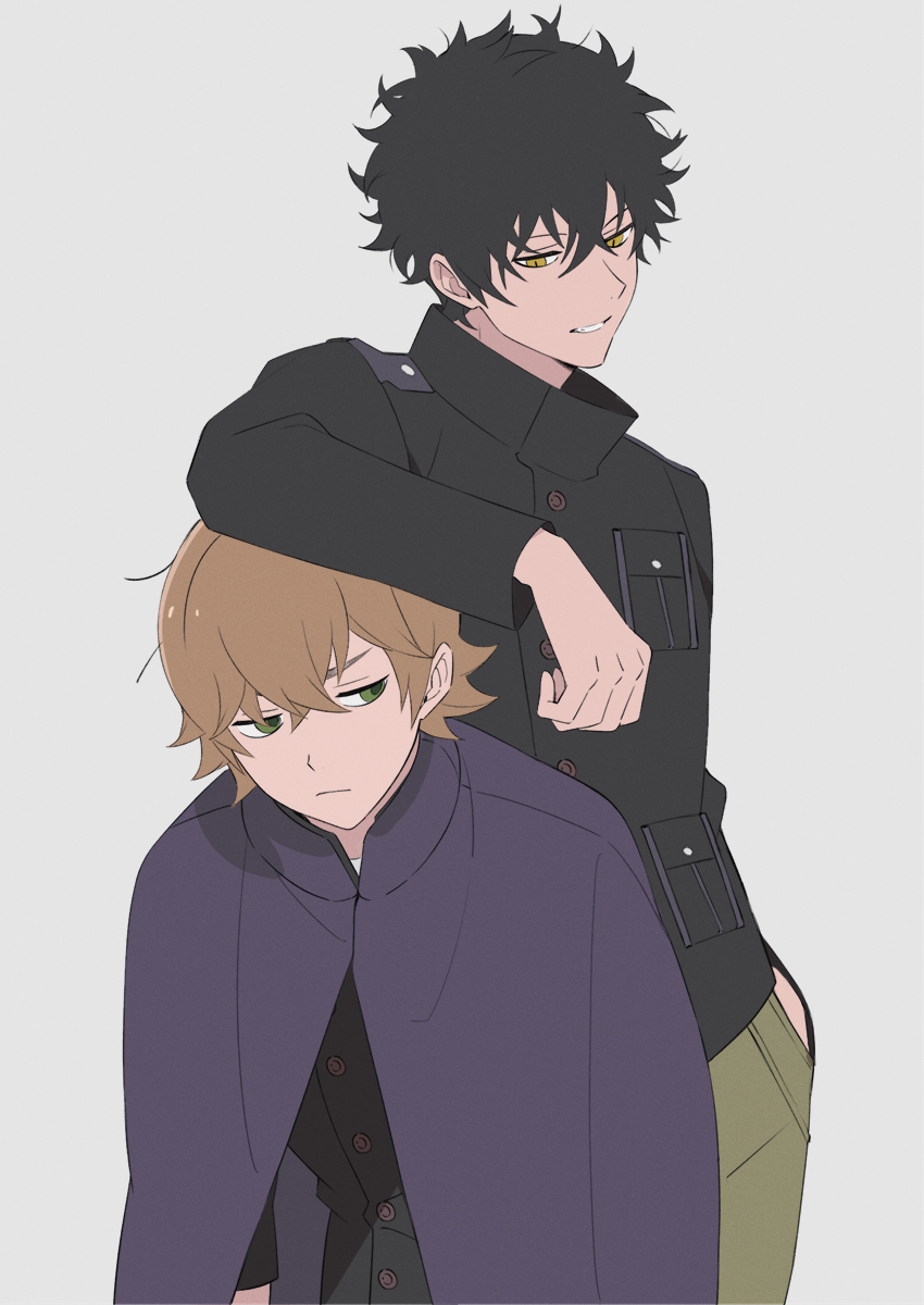 2boys arm_on_head arm_rest bangs black_hair black_jacket breast_pocket brown_hair cloak closed_mouth ema_yuzuru flipped_hair frown green_eyes green_pants grey_background half-closed_eyes height_difference highres jacket kageura_masato long_sleeves looking_at_another looking_away male_focus multiple_boys pants parted_lips pocket purple_cloak short_hair sideways_glance simple_background spiky_hair standing turtleneck uniform world_trigger yawai_tofu yellow_eyes