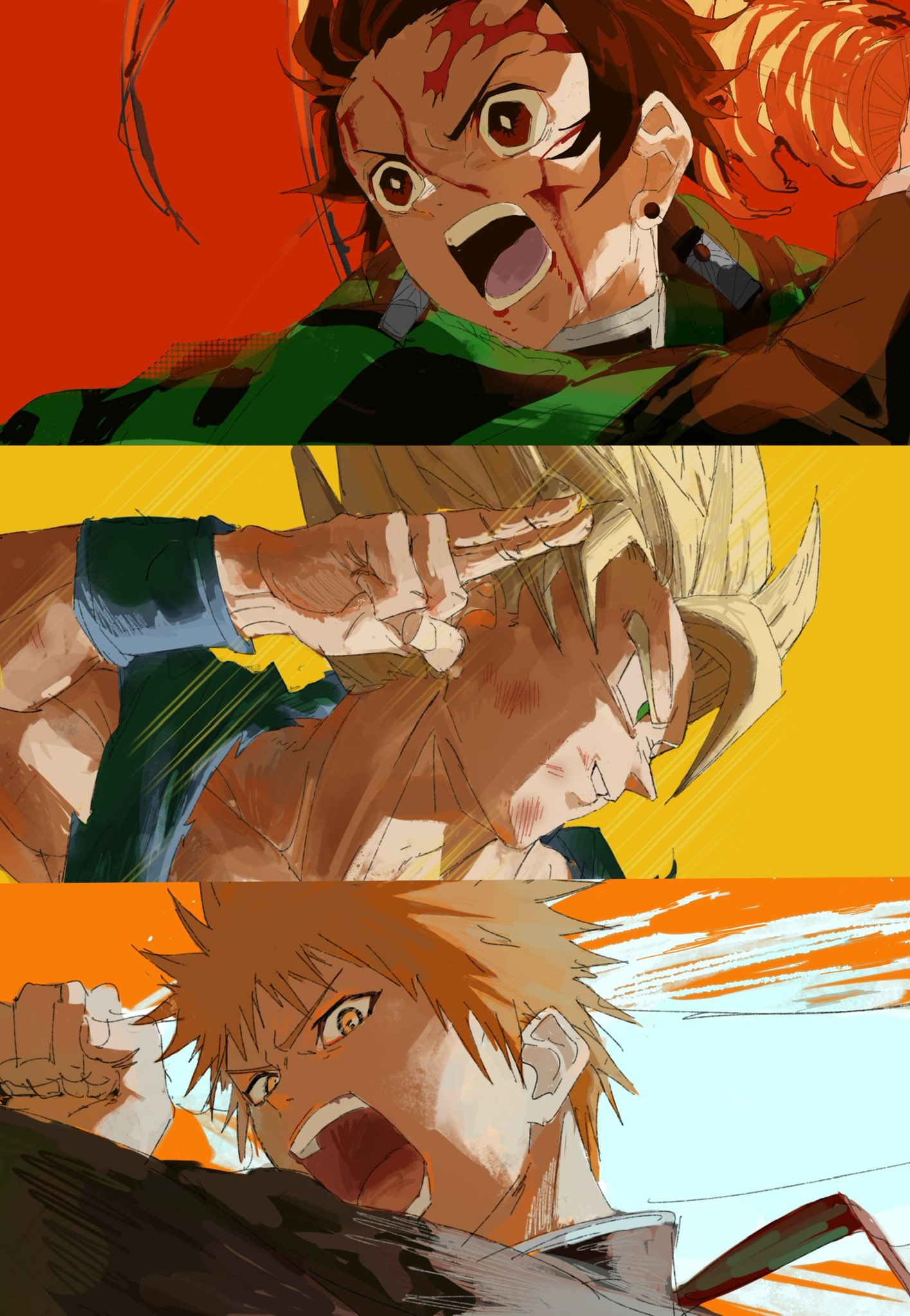 3boys bangs black_kimono bleach blonde_hair blood blood_on_face checkered_clothes crossover cuts demon_slayer_uniform dragon_ball earrings fire green_eyes hand_up haori highres holding holding_sword holding_weapon injury japanese_clothes jewelry kamado_tanjirou kimetsu_no_yaiba kimono kurosaki_ichigo long_sleeves looking_afar looking_at_viewer looking_away male_focus multiple_boys multiple_crossover open_mouth orange_eyes orange_hair portrait profile red_background red_eyes redhead scar scar_on_face scar_on_forehead short_hair simple_background son_goku spiky_hair super_saiyan sword trait_connection weapon wristband yellow_background yuki_(illust2002)