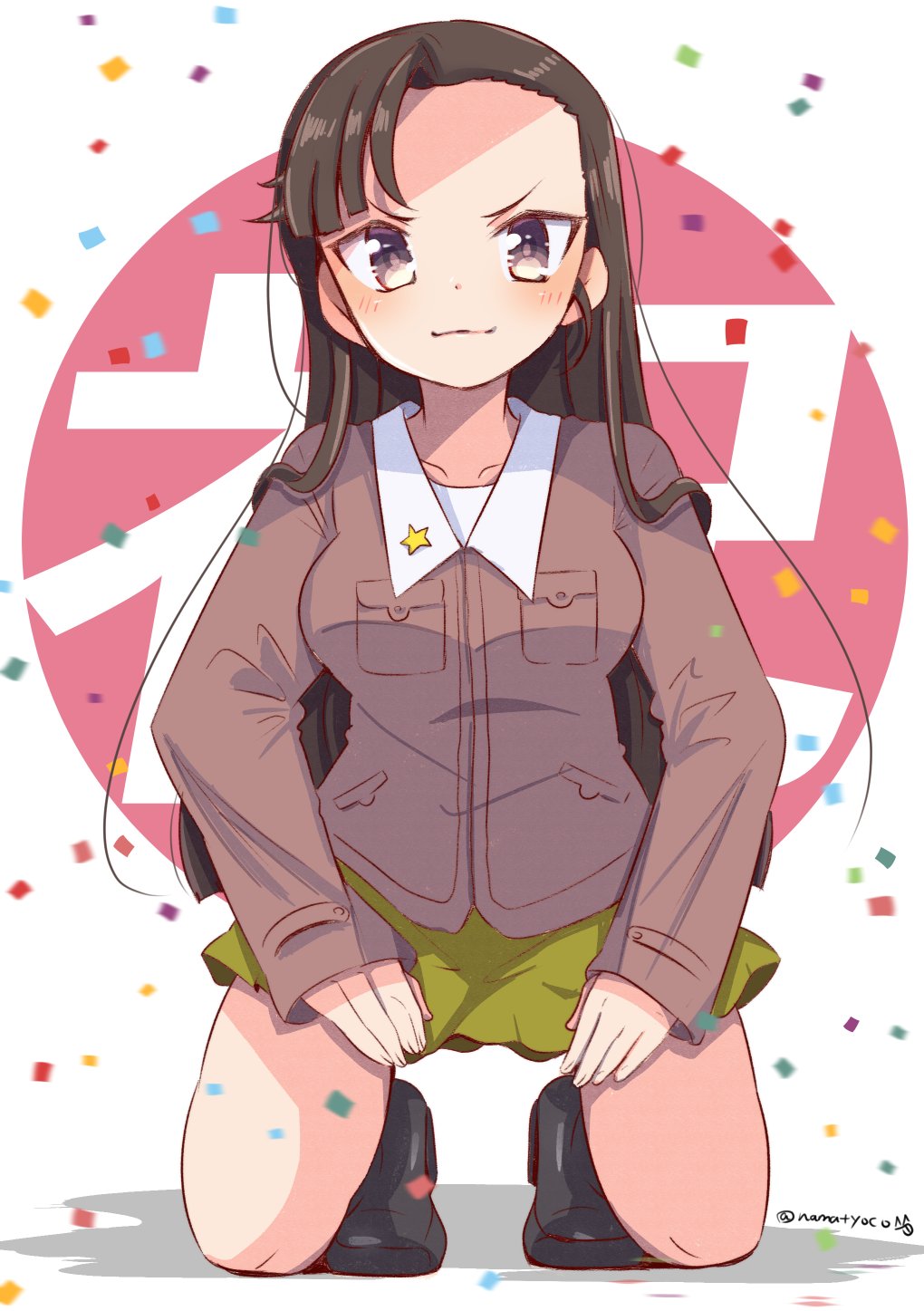 1girl asymmetrical_bangs background_text bangs black_footwear boots brown_eyes brown_hair brown_jacket chi-hatan_military_uniform closed_mouth commentary confetti girls_und_panzer hands_on_own_thighs highres jacket kanji knee_boots kneeling long_hair long_sleeves looking_at_viewer military military_uniform miniskirt namatyoco nishi_kinuyo pleated_skirt skirt smile solo star_(symbol) straight_hair twitter_username uniform yellow_skirt