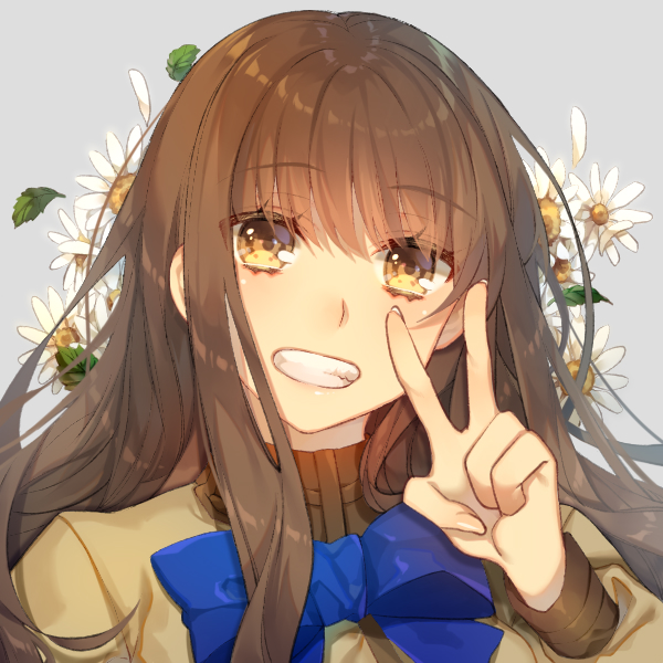 1girl ayaka_(disagree) bangs blue_bow blue_bowtie bow bowtie brown_hair brown_shirt eyebrows_visible_through_hair fate/extra fate_(series) flower grey_background grin hair_between_eyes long_hair long_sleeves looking_at_viewer portrait shiny shiny_hair shirt smile solo straight_hair v white_flower yellow_eyes