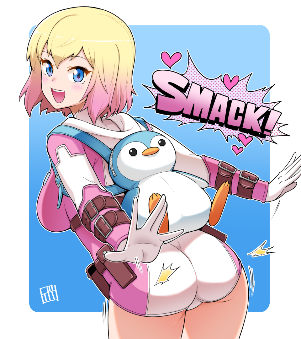 1girl ass backpack bag blue_eyes bowieknife breasts character_backpack cropped_legs gwen_poole gwenpool heart hooded_leotard leotard looking_back marvel multicolored_hair multicolored_leotard short_hair smile sound_effects spanking_self superhero thighs two-tone_hair