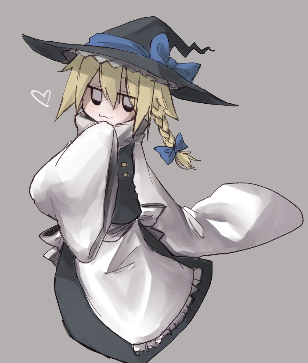 1girl apron bangs black_eyes black_headwear black_skirt black_vest blue_bow blue_eyes blush bow braid closed_mouth commentary_request cookie_(touhou) eyebrows_visible_through_hair full_body grey_background hair_between_eyes hair_bow hat hat_bow heart kirisame_marisa long_hair long_skirt looking_at_viewer shimosuke shirt side_braid simple_background single_braid skirt sleeves_past_fingers sleeves_past_wrists smile solo touhou turtleneck vest waist_apron white_apron white_shirt witch_hat yuuhi_(cookie)