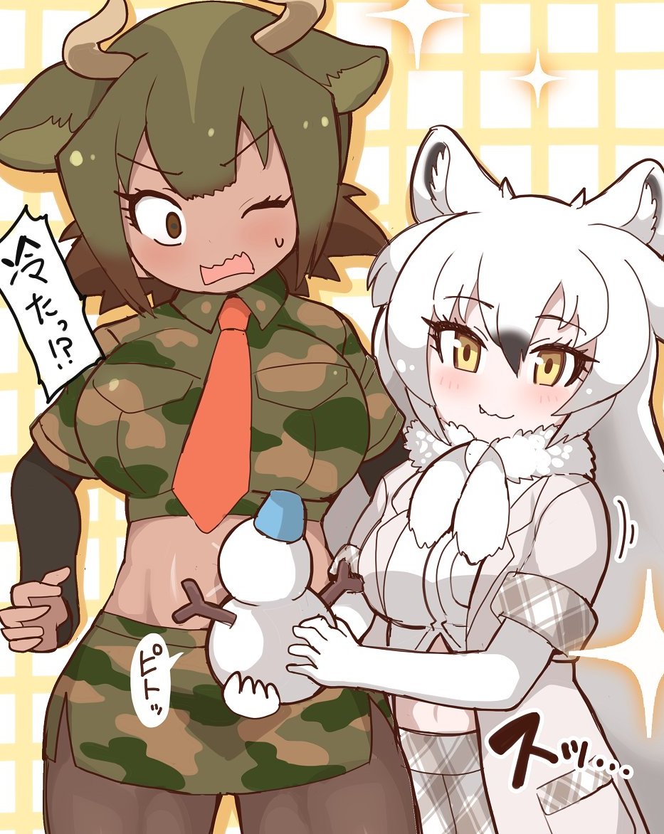 2girls :3 animal_ears arctic_wolf_(kemono_friends) aurochs_(kemono_friends) black_hair black_legwear black_sleeves blush bow bowtie brown_eyes brown_hair camouflage camouflage_shirt camouflage_skirt coat collared_shirt commentary_request cow_ears cow_girl cow_horns cowboy_shot crop_top dark-skinned_female dark_skin elbow_gloves eyebrows_visible_through_hair fang fur_collar gloves green_hair grey_skirt horns kemono_friends kemono_friends_3 long_coat long_hair long_sleeves midriff miniskirt multicolored_hair multiple_girls necktie one_eye_closed pantyhose pencil_skirt plaid plaid_skirt plaid_trim pleated_skirt red_necktie shirt short_hair short_sleeves skirt snowman tanaka_kusao translation_request white_bow white_bowtie white_coat white_fur white_gloves white_hair white_shirt yellow_eyes