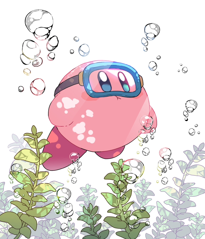 1boy blue_eyes bright_pupils bubble closed_mouth commentary_request goggles kirby kirby_(series) mutekyan no_humans plant pout simple_background solo swimming underwater white_background white_pupils