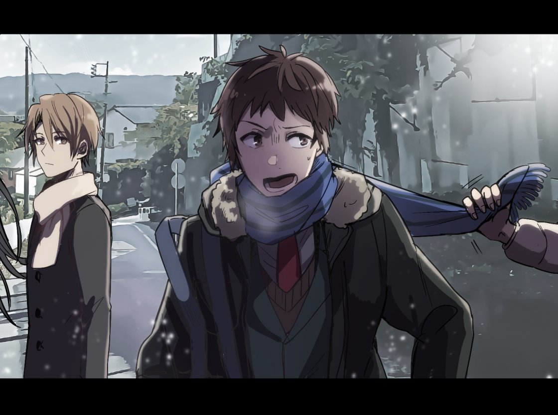 1girl 1other 2boys bag black_coat blazer blue_scarf brown_eyes brown_hair brown_scarf brown_sweater_vest brown_vest closed_mouth coat green_coat green_jacket holding holding_clothes holding_scarf jacket kita_high_school_uniform koizumi_itsuki kyon letterboxed long_hair long_sleeves looking_at_another looking_to_the_side male_focus minakishi_2 multiple_boys necktie open_clothes open_coat open_mouth out_of_frame outdoors red_necktie road scarf school_bag school_uniform shirt short_hair snowing solo_focus street suzumiya_haruhi suzumiya_haruhi_no_shoushitsu suzumiya_haruhi_no_yuuutsu sweatdrop sweater_vest upper_body utility_pole vest white_shirt