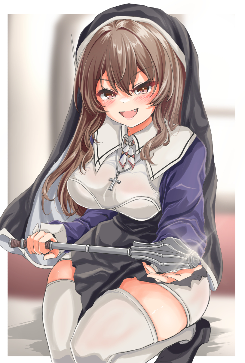 1girl adapted_costume alternate_costume ashigara_(kancolle) ashigara_kai_ni_(kancolle) black_dress breasts brown_eyes brown_hair catholic collared_dress cross cross_necklace crucifix dress eyebrows_visible_through_hair fang habit hair_between_eyes highres holding holding_weapon indoors jewelry kantai_collection kasashi_(kasasi008) long_sleeves mace medium_breasts necklace nun open_mouth shoes shorts smile solo squatting thigh-highs wavy_hair weapon white_legwear white_shorts window