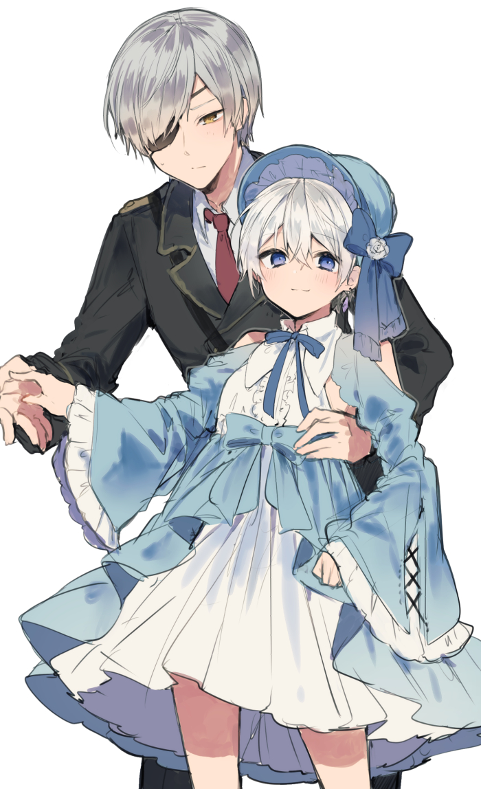 2boys black_jacket black_suit blue_bow blue_dress blue_eyes blue_headwear blue_ribbon blush bonnet bow closed_mouth commentary_request cowboy_shot crossdressing dress eyebrows_visible_through_hair eyepatch formal frilled_dress frills grey_hair hair_between_eyes hair_over_one_eye hat hat_bow holding_hands hug hug_from_behind ikeuchi_tanuma jacket looking_at_viewer looking_to_the_side mixed-language_commentary multiple_boys original ribbon rudy_(ikeuchi_tanuma) short_hair smile standing suit white_dress white_hair yellow_eyes