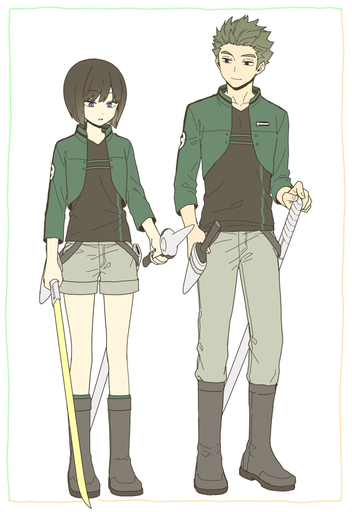 1boy 1girl 7100potechi arms_at_sides bangs black_footwear black_hair black_shirt bob_cut boots border cropped_jacket dual_wielding green_hair green_jacket grey_pants grey_shorts hand_on_hilt height_difference holding holding_sword holding_weapon jacket knee_boots kon_yuka long_sleeves looking_at_another looking_down looking_to_the_side murakami_kou pants pants_tucked_in shirt short_hair shorts side-by-side smile spiky_hair standing sword uniform v-neck weapon white_background world_trigger