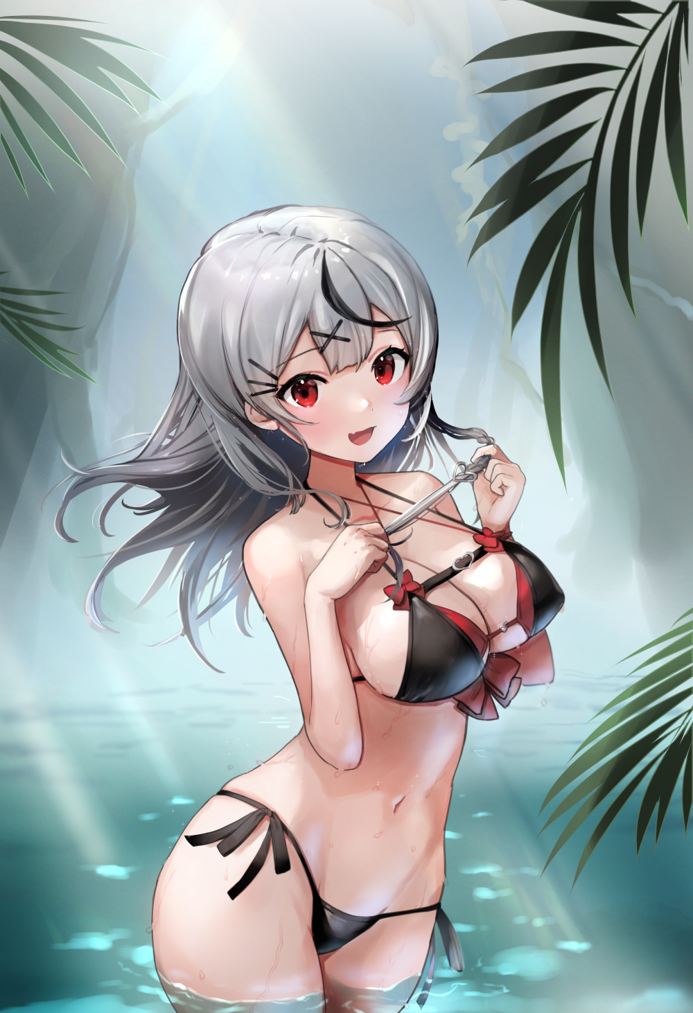 1girl :d bikini black_bikini black_hair bow breasts fang grey_hair hair_ornament hairclip highres holding holding_hair hololive large_breasts leaf long_hair looking_at_viewer multicolored_hair navel open_mouth red_bikini red_bow red_eyes sakamata_chloe side-tie_bikini smile solo stomach streaked_hair sunano_reona swimsuit virtual_youtuber wading water wet x_hair_ornament