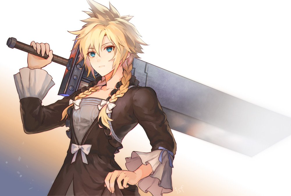 1boy blonde_hair blue_eyes closed_mouth cloud_strife crossdressing dress final_fantasy final_fantasy_vii long_hair looking_at_viewer male_focus sasanomesi solo spiky_hair sword weapon