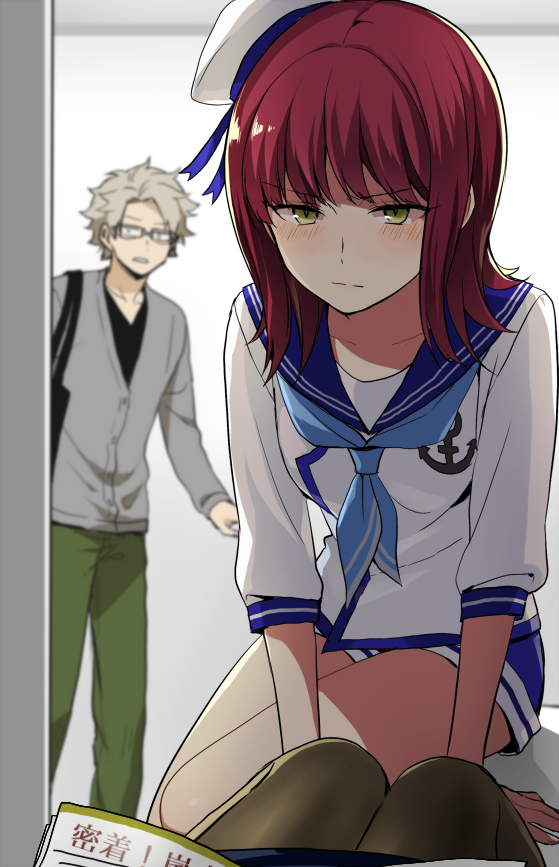 1boy 1girl 7100potechi anchor_print bag bangs blue_neckerchief blue_shorts blurry blush cardigan depth_of_field flipped_hair glasses green_eyes green_legwear green_pants grey_cardigan grey_hair hat katori_youko leaning_forward long_sleeves looking_at_viewer medium_hair neckerchief out_of_frame pants pantyhose pov redhead sailor_collar sailor_hat short_hair shorts shoulder_bag sitting sleeves_past_elbows standing surprised v-neck wakamura_rokurou walk-in white_headwear world_trigger