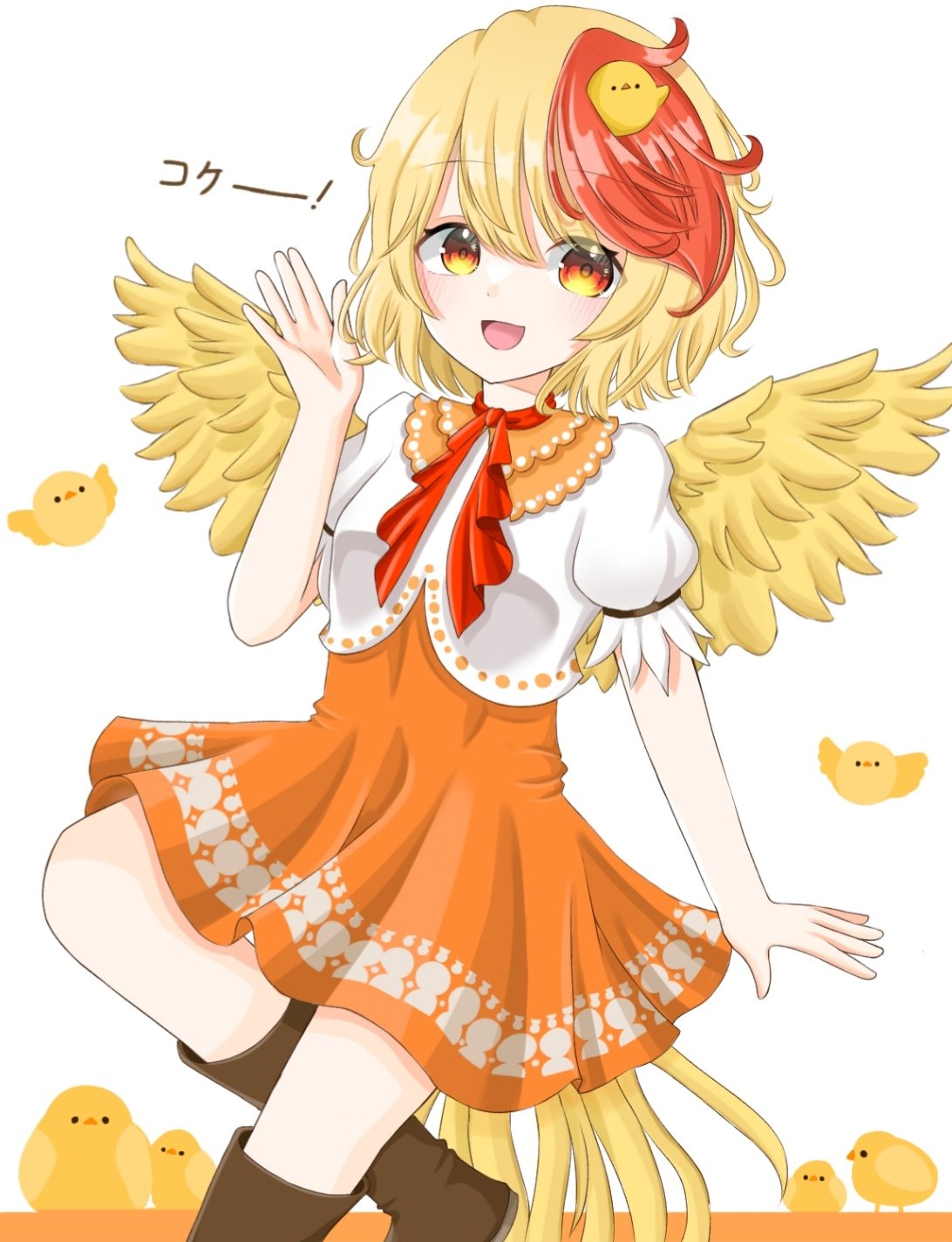 1girl 9zrxjrxpdcb7ldl :d animal animal_on_head bangs bird bird_on_head blonde_hair boots brown_footwear chick chicken dress eyebrows_visible_through_hair feathered_wings feet_out_of_frame grey_background hair_between_eyes hand_up highres looking_at_viewer multicolored_hair neck_ribbon niwatari_kutaka on_head open_mouth orange_dress puffy_short_sleeves puffy_sleeves red_eyes redhead ribbon shirt short_hair short_sleeves smile solo standing touhou two-tone_hair white_background white_shirt wings