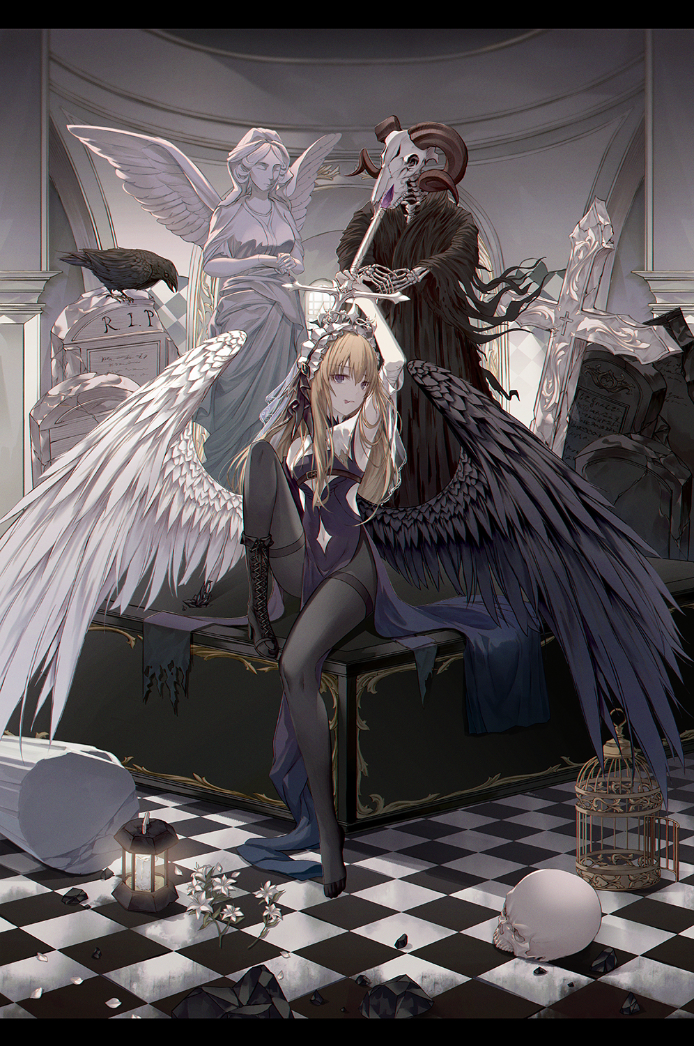 1girl angel_statue arm_up asymmetrical_wings bird birdcage black_legwear black_wristband blonde_hair boots cage checkered_floor cross crow dress elbow_gloves feathered_wings flower gloves gothic highres holding holding_cross lantern licking_lips long_sleeves low_wings maid_headdress merry_hearm mismatched_wings original pantyhose ram_skull rubble single_boot sitting skeleton skull solo tombstone tongue tongue_out violet_eyes white_wings wings
