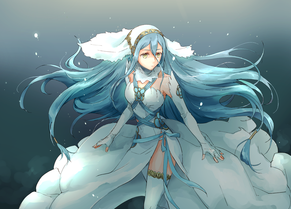 1girl azura_(fire_emblem) bangs blue_hair blue_ribbon collarbone detached_collar dress elbow_gloves fingerless_gloves fire_emblem fire_emblem:_three_houses fire_emblem_fates floating_hair gloves grey_background hair_between_eyes long_dress long_hair panties ribbon robaco shiny shiny_hair side_slit solo thigh-highs underwear veil very_long_hair white_dress white_gloves white_headwear white_legwear white_panties yellow_eyes