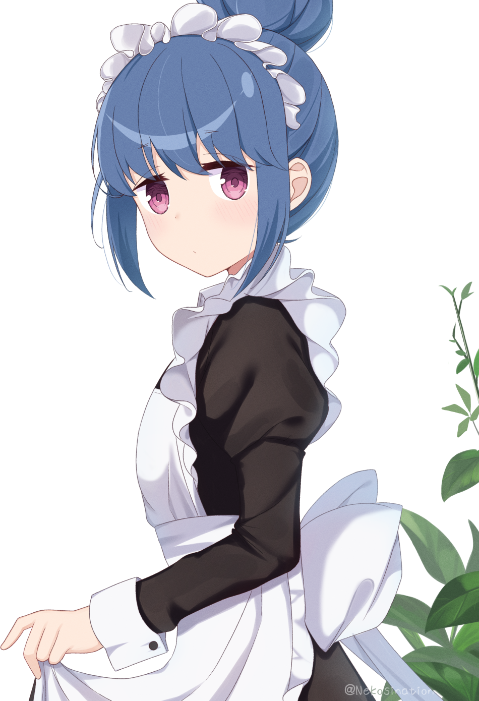 1girl alternate_costume apron apron_hold back_bow bangs black_dress blue_hair blush bow closed_mouth dress enmaided expressionless eyebrows_visible_through_hair from_side hair_bun highres juliet_sleeves long_sleeves looking_at_viewer looking_to_the_side maid maid_headdress nekosination plant puffy_sleeves shima_rin short_hair sidelocks simple_background solo twitter_username upper_body violet_eyes white_apron white_background white_bow yurucamp