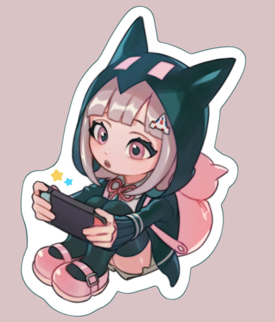 1girl :o animal_bag backpack bag bangs black_jacket brown_skirt cat_bag chibi collared_shirt danganronpa_(series) danganronpa_2:_goodbye_despair galaga green_jacket green_legwear hair_ornament handheld_game_console holding holding_handheld_game_console hood hood_up jacket long_sleeves nanami_chiaki neck_ribbon nintendo_switch open_clothes open_jacket outline pink_eyes pink_footwear pink_ribbon pleated_skirt rei_(tdn_ng) ribbon shiny shiny_clothes shirt shoes skirt solo teeth upper_teeth white_outline