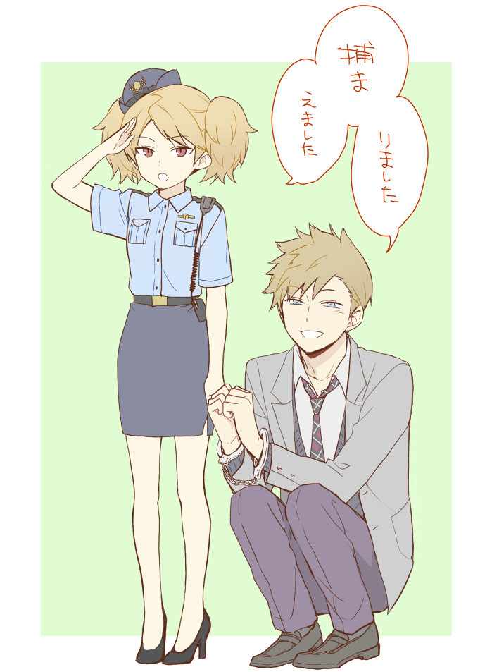 1boy 1girl 7100potechi :d :o arm_at_side bangs black_footwear blazer blue_eyes blue_headwear blue_shirt blue_skirt border breast_pocket brown_hair child collared_shirt cuffs dress_shirt full_body green_background grey_jacket half-closed_eyes hand_up handcuffs hands_up hat high_heels inukai_sumiharu jacket kuroe_futaba light_brown_hair loafers long_sleeves looking_at_viewer necktie outside_border pants pencil_skirt pocket police police_hat police_uniform policewoman purple_pants red_eyes salute school_uniform shared_speech_bubble shirt shoes short_hair skirt smile speech_bubble standing sweater twintails uniform white_border world_trigger