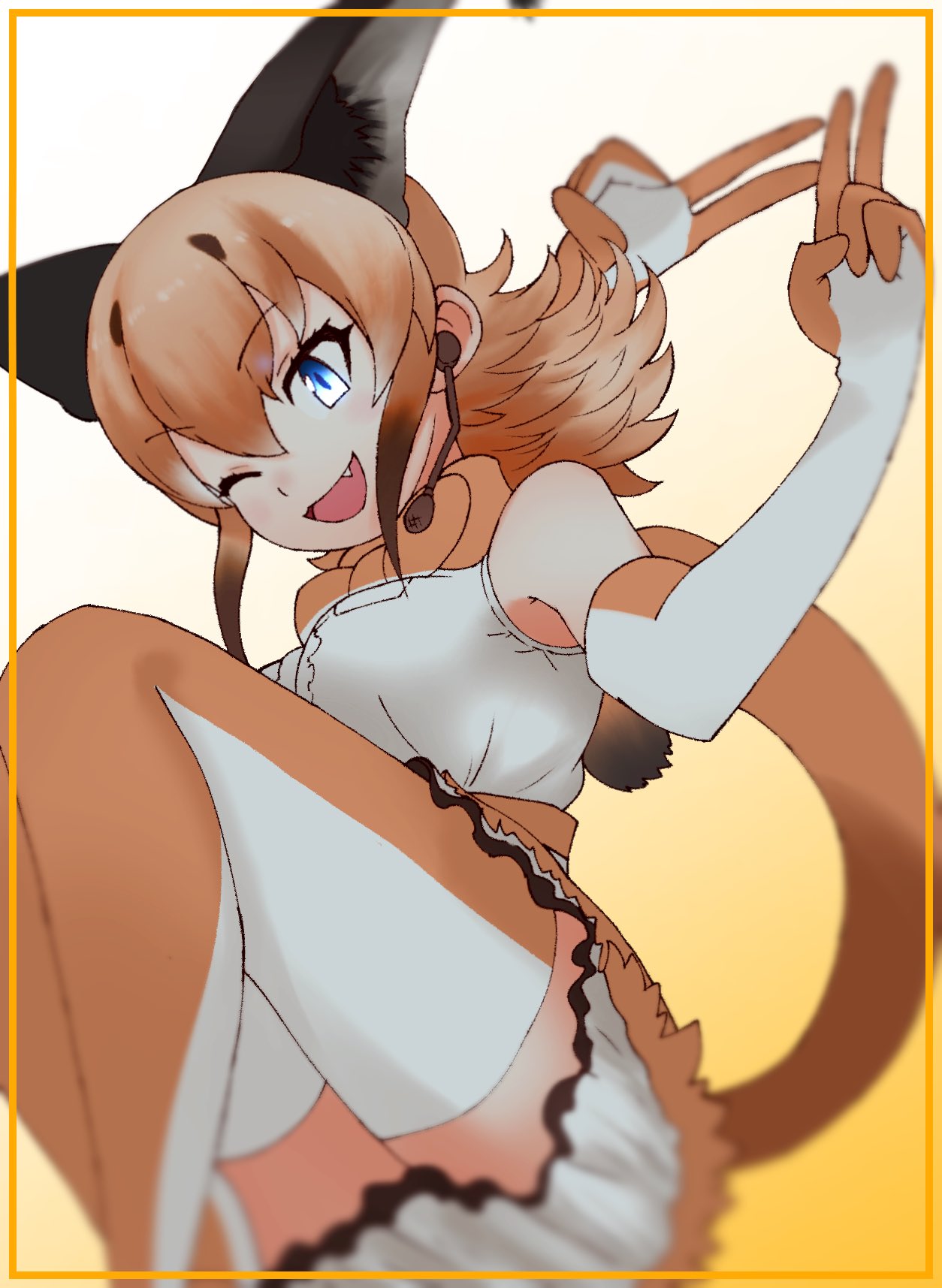 1girl animal_costume animal_ears blue_eyes caracal_(kemono_friends) cats_yone gloves highres jumping kemono_friends kemono_friends_v_project long_hair looking_at_viewer microphone neck_ribbon one_eye_closed open_mouth ribbon shirt simple_background skirt smile solo tail virtual_youtuber white_shirt