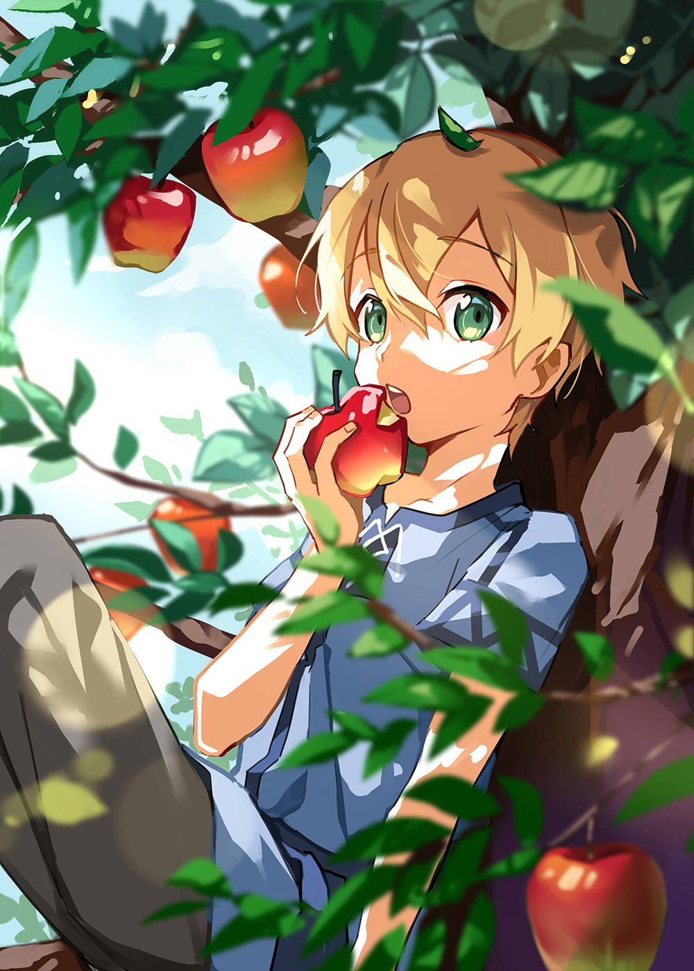 1boy bangs blonde_hair blue_shirt day eating eugeo eyebrows_visible_through_hair food fruit green_eyes grey_pants hair_between_eyes highres holding holding_food holding_fruit in_tree male_focus open_mouth outdoors pants shirt short_hair short_sleeves shoura sitting sitting_in_tree solo sword_art_online tree