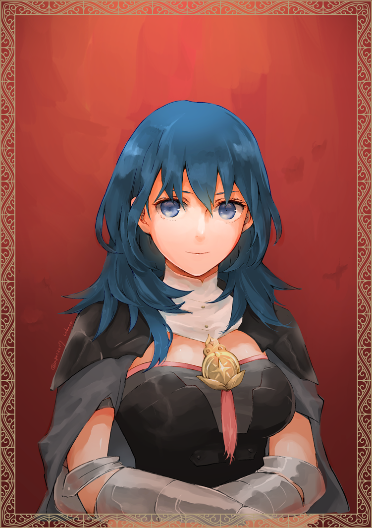 1girl armor bangs blue_eyes blue_hair breasts byleth_(fire_emblem) byleth_eisner_(female) cape closed_mouth fire_emblem fire_emblem:_three_houses framed grey_cape hair_between_eyes long_hair looking_at_viewer medium_breasts red_background robaco shiny shiny_hair shoulder_armor smile solo straight_hair twitter_username
