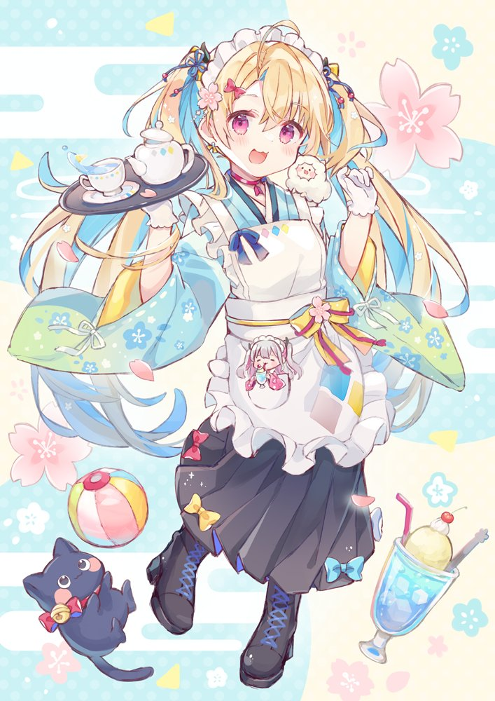 1girl :3 :d ahoge animal apron avatar_2.0_project ball bangs bendy_straw black_cat black_footwear black_skirt blonde_hair blue_hair blue_kimono blush boots cat commentary_request cross-laced_footwear cup drinking_straw egasumi eyebrows_visible_through_hair floral_print frilled_apron frills full_body hair_between_eyes high_heel_boots high_heels japanese_clothes kimono lace-up_boots long_hair long_sleeves looking_at_viewer maid_apron maid_headdress minase_shia multicolored_hair parfait parted_bangs petals pleated_skirt print_kimono saucer sencha_(senta_10) skirt smile solo spoon teacup temari_ball twintails two-tone_hair very_long_hair violet_eyes virtual_youtuber waitress white_apron wide_sleeves
