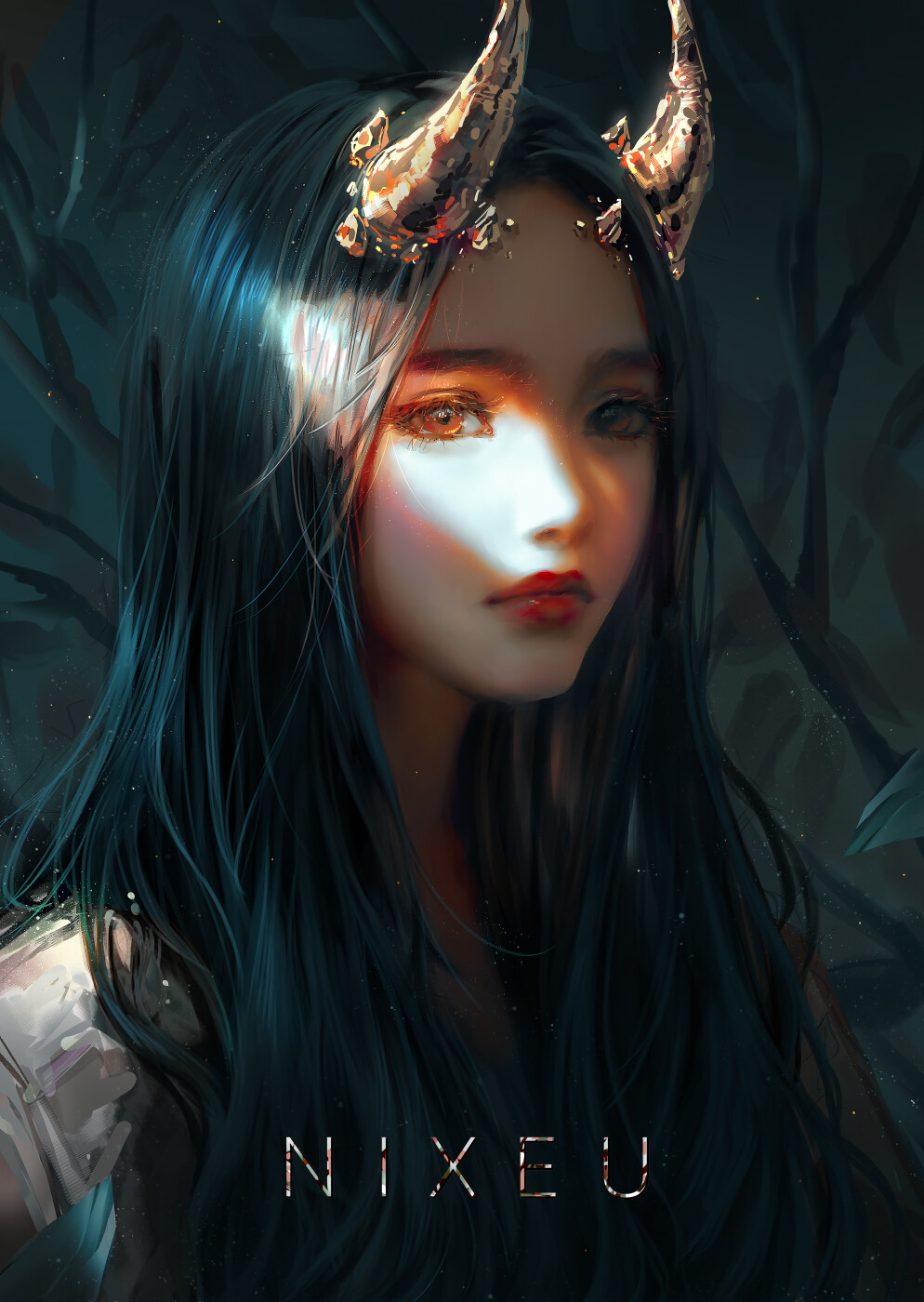 1girl artist_name black_hair branch chromatic_aberration commentary_request demon_horns english_commentary expressionless gold gold_horns grey_background highres horns light_particles long_hair looking_at_viewer mixed-language_commentary nixeu orange_eyes original portrait solo sunlight