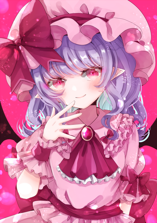 1girl ascot back_bow bat_wings black_wings bow brooch closed_mouth collared_shirt commentary_request cowboy_shot frilled_ascot frilled_shirt frilled_shirt_collar frilled_sleeves frills hat hat_ribbon jaku_sono jewelry looking_at_viewer medium_hair mob_cap pink_background pink_eyes pink_headwear pink_skirt pointy_ears puffy_short_sleeves puffy_sleeves purple_hair purple_skirt red_ascot red_bow red_brooch red_ribbon remilia_scarlet ribbon shirt short_sleeves simple_background skirt sleeve_ribbon smile solo touhou wings wrist_cuffs