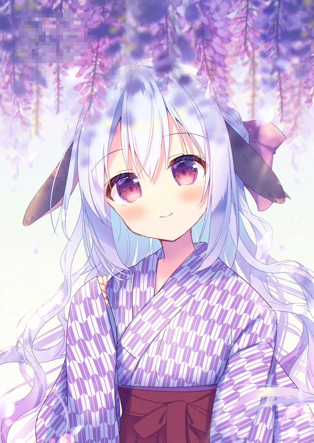 1girl animal_ears aoi_yun blurry blurry_foreground blush bow censored closed_mouth depth_of_field flower grey_hair hair_bow hakama hakama_skirt japanese_clothes kimono long_hair long_sleeves looking_at_viewer mosaic_censoring original print_kimono purple_flower rabbit_ears red_bow red_eyes red_hakama skirt sleeves_past_wrists smile solo upper_body wide_sleeves wisteria yagasuri